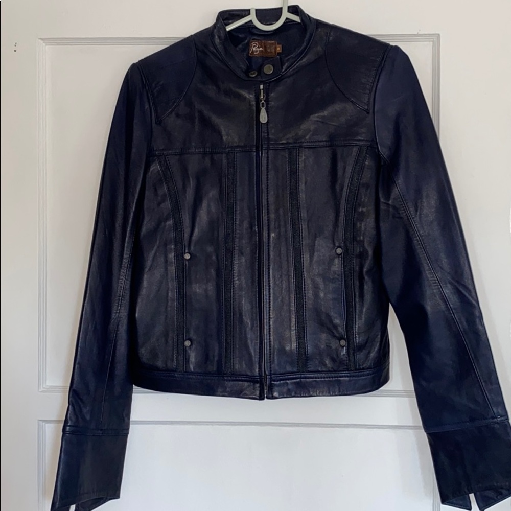 Paige Dark Blue Leather Denim Jacket